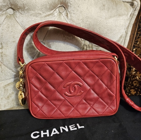 CHANEL Handbags - (SOLD)Rare Authentic Vintage Chanel red camera bag with charms.